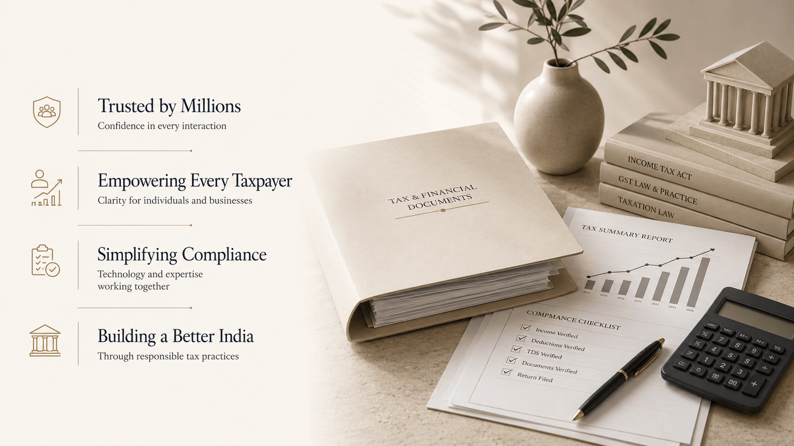 A workspace with a laptop showing a tax dashboard, alongside icons for Trusted by Millions, Empowering Every Taxpayer, Simplifying Compliance and Building a Better India